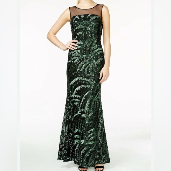 NWT / NEW Calvin Klein Sequin Illusion-Yoke Formal Gown Black Green SZ 2 - Picture 1 of 12